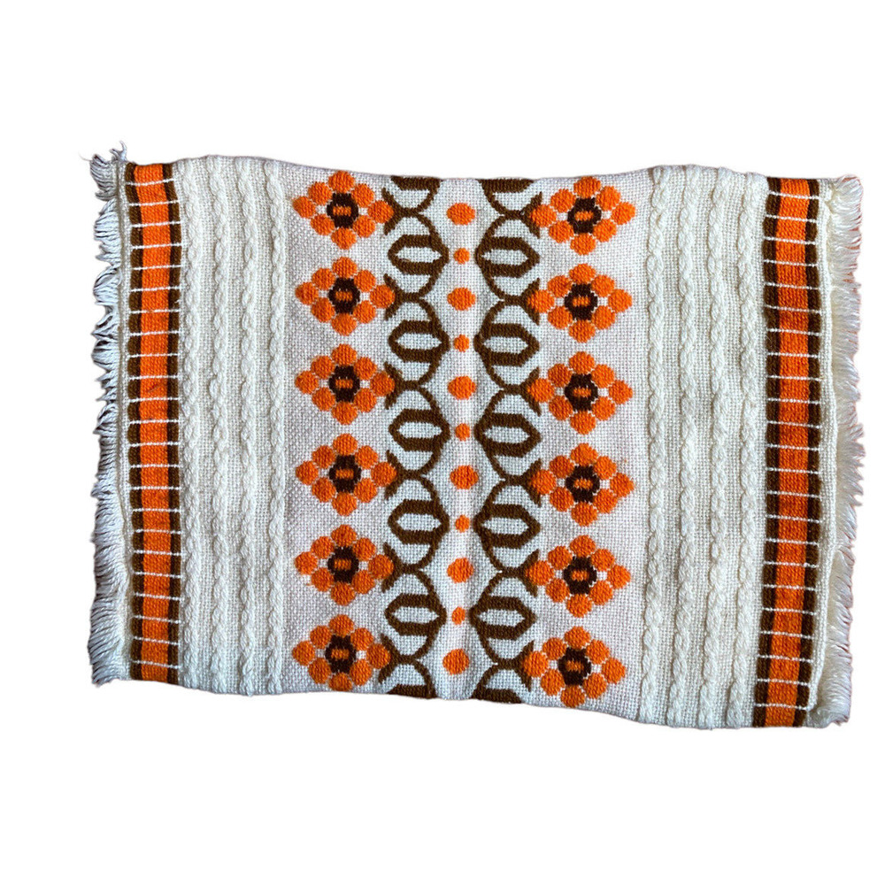 Retro 1970’s Throw Pillow Cover Long Stitched Orange Hand made Aztec Flair Foral